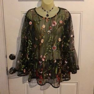 2XW Adiva black sheer blouse w/multicolored flower